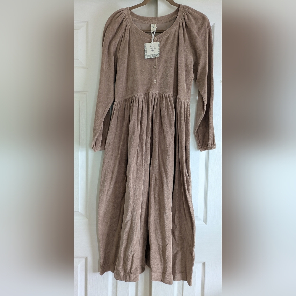 NWT Sz M Kate Quinn Women's Button-front Dress Taupe Velour Cotton